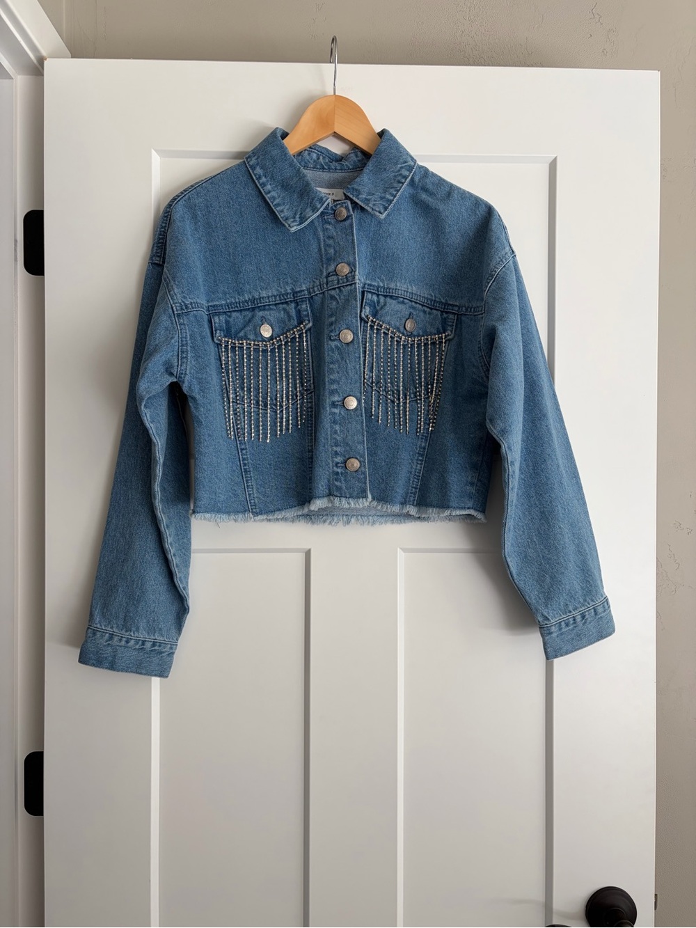 Forever 21 Rhinestone Fringe Cropped Denim Jacket S